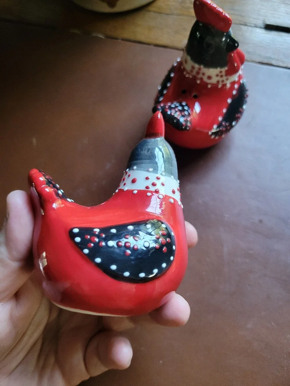 Ceramic Chicken Shaped Polka Dot Salt & Pepper Shakers Black White Red Set